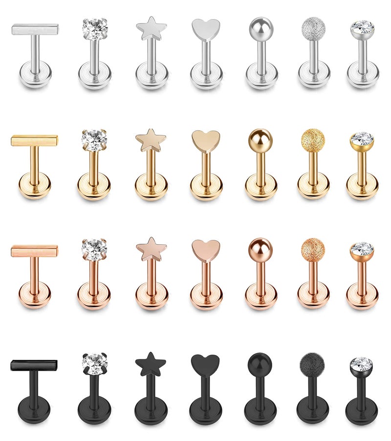 Masedy 16Pcs 16G 316L Stainless Steel CZ Labret Monroe Lip Rings Cartilage Helix Tragus Nose Piercing 6-8MM (C: 28Pcs 6MM) - Image 1